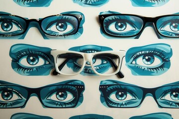 Poster - Colorful eyeglasses are artistically arranged against a backdrop featuring bold, stylized eyes that capture attention. Generative AI