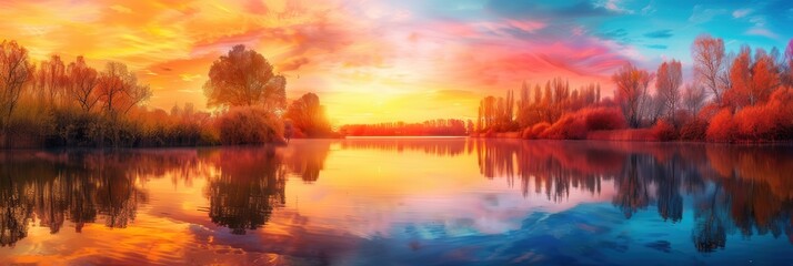 Sticker - A stunning autumn sunset showcases vibrant colors in the sky, mirrored in the calm water, as trees display their fall foliage. Generative AI