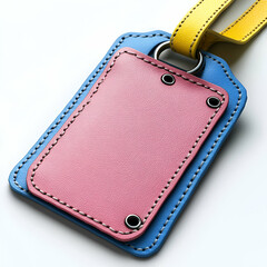 A tag with a pink and blue design is hanging from a yellow chain. The tag is made of leather and has a white background