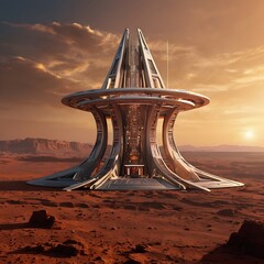 Monument on Mars at Sunset, A massive futuristic monument standing tall against the red Martian landscape during sunset,Generative AI