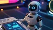 © nikomsolftwaer - Advanced AI robot exploring digital controls on a tablet, modern workspace with sleek design and vibrant colors