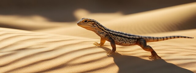 A small lizard with striped skin perches on the sand dunes of an arid desert landscape