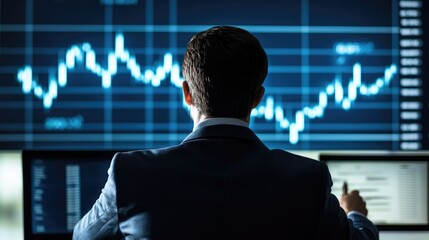 Business person examining a digital screen with clear upward arrow charts representing success