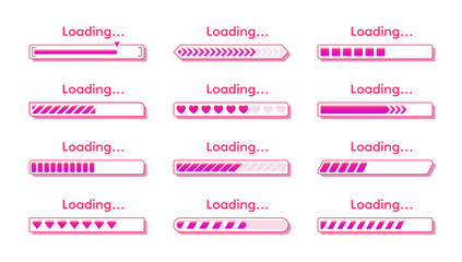 Poster - Progress status. Ui graphic icon, flat download bar signor empty loader set. Upload backup, downloading or update elements for design. Pink girly romantic interface indicator. Vector templates