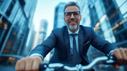 A businessman in a sleek suit smiles while riding his bicycle through a bustling cityscape lined with tall buildings. Closeup portrait shot of the businessman in amodern suit riding a bicycle in city.