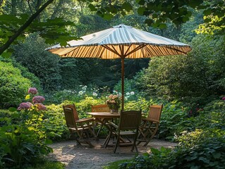 tranquil garden scene with rustic wooden chairs and table under a large striped parasol, surrounded by lush greenery and blooming flowers in soft afternoon light