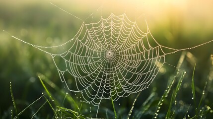 A dew-covered spider web hanging in the air, surrounded by lush green grass and morning mist