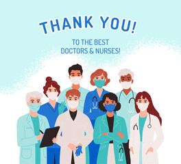 Wall Mural - Doctor team. Medic nurse staff in mask, health care group in hospital. Professional woman healthcare hero. Men and women standing. Poster or card. Vector cartoon people, isolated illustration