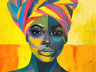 vibrant portrait of black woman wearing colorful turban. abstract style blends bold hues and geometric shapes. celebrates african culture and feminine beauty.