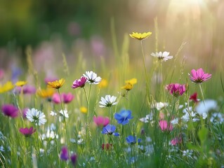 vibrant spring meadow bursting with colorful wildflowers. delicate petals sway in gentle breeze, creating a tapestry of hues against lush green grass.