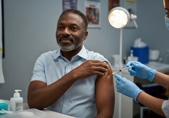 Male patient is getting vaccinated by a doctor wearing gloves in a hospital room