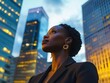 © Jelena - a confident black businesswoman stands amidst towering skyscrapers, bathed in sunset glow, her expression reflecting ambition and dreams of new investment ventures in the vibrant cityscape