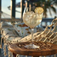 Refreshing cocktail served on a wooden table near a hammock in a tropical setting at sunset