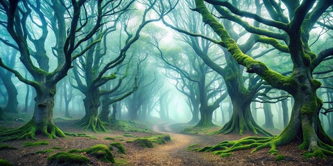 Wall Mural - enchanting foggy forest with twisted trees