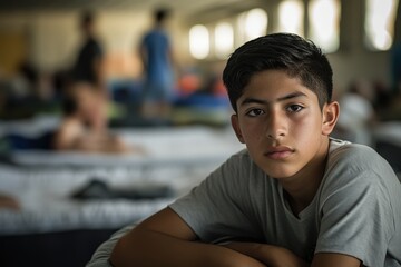 Portrait of a serious young hispanic boy sitting in a crowded shelter