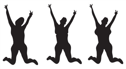 black vector profile vignette of jumping freedom woman silhouette