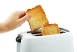 Fototapeta Koty - Toaster and female hand takes toast isolated on white background