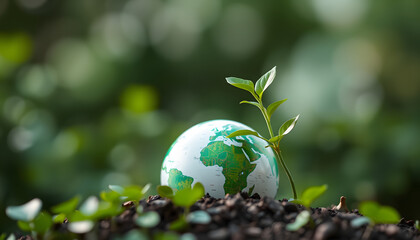 Green business investment finance, globe with plant isolated with white highlights, png