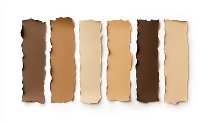 Gradient shades of brown paper strips, ripped edges, isolated on white background, textured patterns, simple and natural design, warm neutral tones