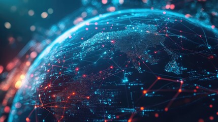 futuristic globe with a web of digital connections and data streams, highlighting global network int