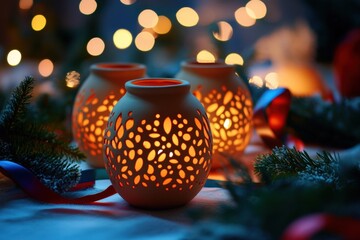 Wall Mural - lighting up the festive season with handmade clay lanterns, spreading warmth and joy on christmas ev