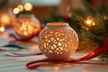 Wall Mural - ceramic christmas lanterns illuminating festive decorations with a warm light, creating a cozy holid