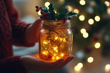 Wall Mural - Woman holding a glowing christmas lantern made from a recycled jar with a christmas tree in the background