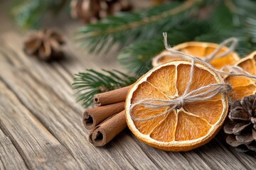 Wall Mural - christmas composition with dried orange slices, cinnamon sticks and pine twigs on rustic wooden back