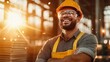 © JoxyAimages - Beaming construction worker in a hard hat and safety goggles stands amidst building materials with the warm sun highlighting his satisfied and confident demeanor.