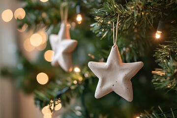 Wall Mural - christmas tree decorated with handmade clay star ornaments and sparkling lights, creating a festive 