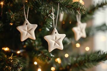 Wall Mural - three handmade clay star ornaments hanging on a christmas tree with lights, creating a warm and fest