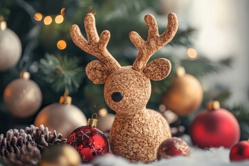 Wall Mural - cork reindeer ornament is the focal point of a christmas scene with festive decorations and a christ