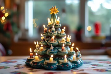 Wall Mural - ceramic christmas tree candle holder with lit candles, bringing a festive glow to the holiday season