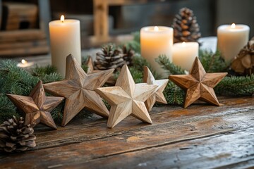 Wall Mural - rustic wooden table decorated with handcrafted wooden stars, pine branches, and burning candles crea
