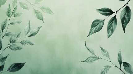 Wall Mural - Green background with delicate leaf illustrations, creating a nature-inspired and elegant design