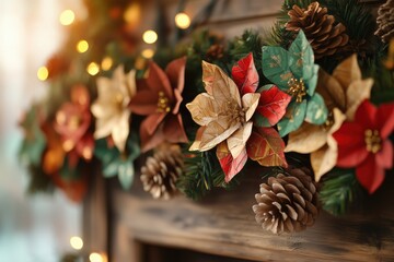 Wall Mural - diy christmas decoration with pine cones and golden painted leaves hanging on a wooden shelf