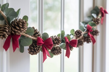 Wall Mural - diy handmade christmas garland made of natural twine with pine cones, eucalyptus and red bows decora
