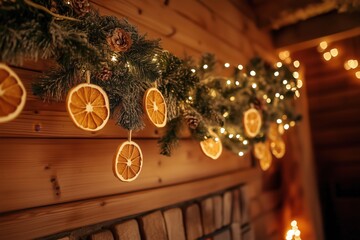 Wall Mural - festive christmas garland with dried orange slices and glowing fairy lights adds a touch of warmth a