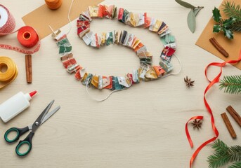 Wall Mural - christmas garland made of recycled paper surrounded by diy decoration material lying on a wooden des