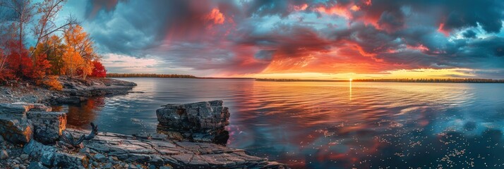 Wall Mural - Witness a stunning autumn sunset as vibrant colors fill the sky and mirror beautifully on the calm lake, creating a peaceful atmosphere. Generative AI