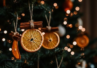 christmas tree decorated with hanging diy ornaments made with dried orange slices and cinnamon stick