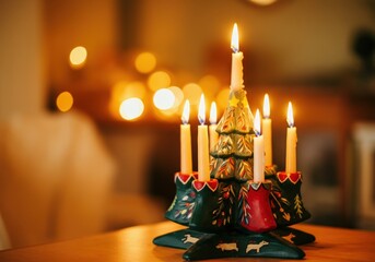 Wall Mural - Festive candle holder with lit candles creates a warm ambiance for the holiday season