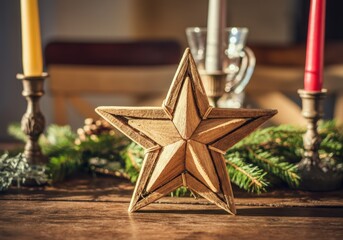 Wall Mural - rustic wooden star sits on a table decorated for christmas with candles and fir branches