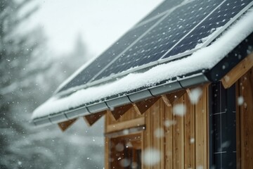 Snow falling on solar panels installed on the roof of a wooden house