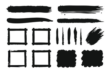 Set of vector black paint, ink brush stroke, brush, line, or texture. Dirty artistic design element, box, frame on white background