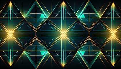 Symmetrical Geometric Pattern with Futuristic Triangular Design, Gold and Teal Accents for Modern Backgrounds