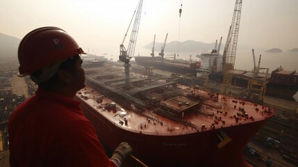 Shipyard worker inspecting cargo ship during construction