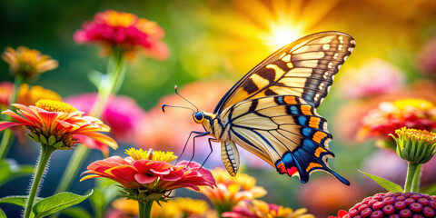 Vibrant swallowtail butterfly on bright flowers. Perfect for eco-friendly product ads, nature-themed backgrounds, summer content, environmental campaigns and gardening guides.