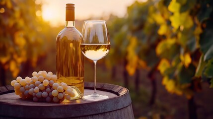 Still life with white wine, grapes on vintage barrel in vineyards at golden hour light on background