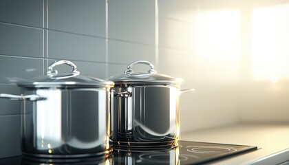 Modern stainless steel pot with sturdy handles, isolated on a white background, perfect for contemporary kitchen aesthetics